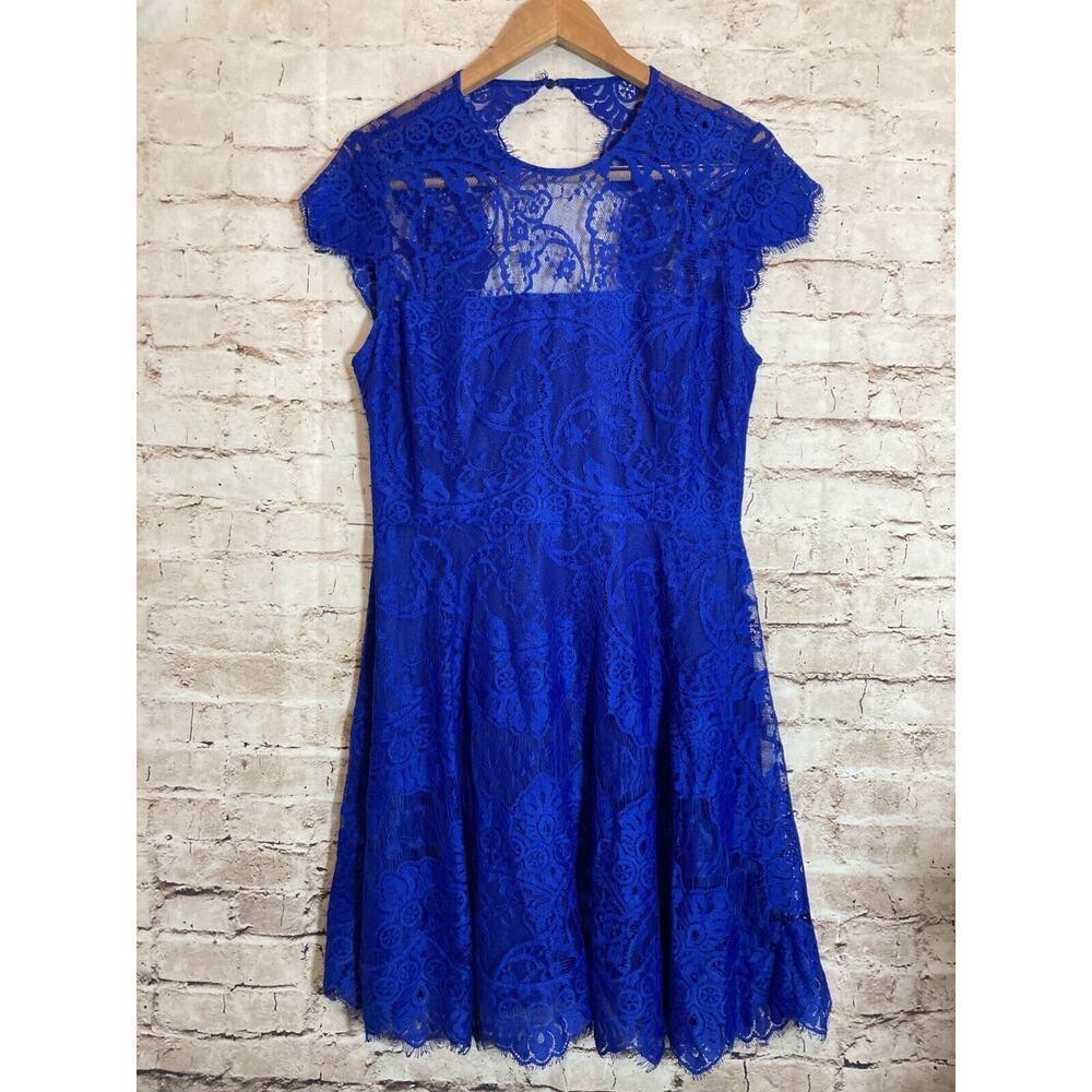 BB Dakota Dress Womens 12 Cobalt Blue Lace Cap Sleeve Cutout Back A Line Lined